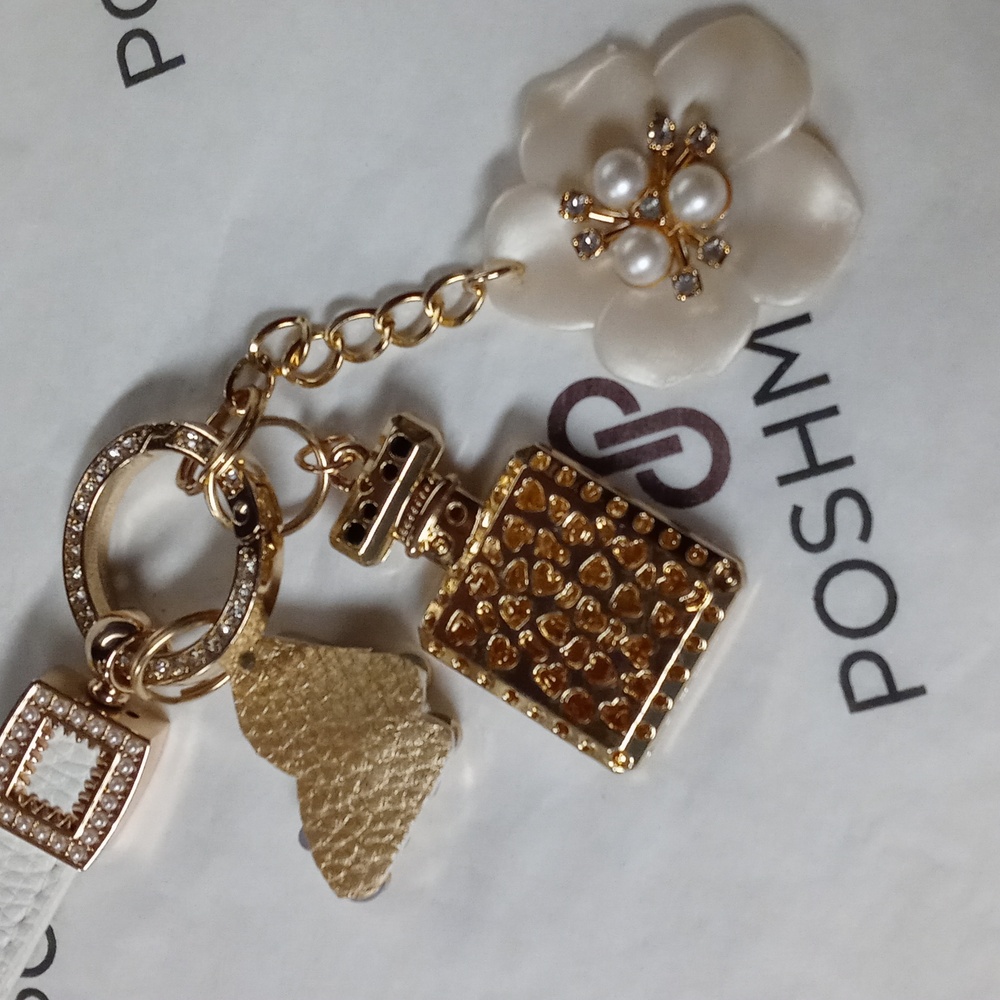 Leather Gold Rhinestone Perfume Bottle Butterfly Flower Bag Charm Handcrafted - Picture 8 of 11